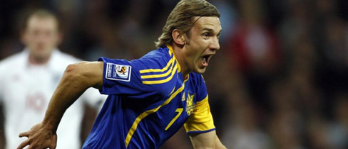 Andriy Shevchenko steers away in delight after equalising for Ukraine at Wembley.